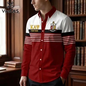 Kappa Alpha Psi fraternity button-up shirt in crimson and white with gold lettering and official crest logo.!