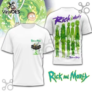 White Rick and Morty crewneck t-shirt with front pocket graphic and back print of characters dissolving in green slime.!