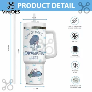 Stitch themed 304 stainless steel vacuum insulated tumbler with straw, featuring dramatic character text and graphics.!