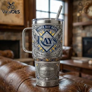 Tampa Bay Rays branded stainless steel Yeti tumbler featuring embossed Tropicana Field graphics and blue-yellow gems.!