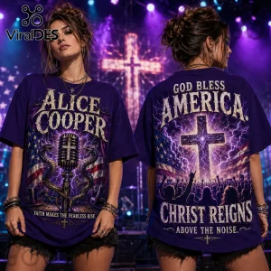 Purple cotton t-shirt with Alice Cooper graphic, snakes, cross-topped microphone, and God Bless America back print.!
