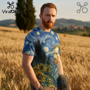 Man wearing a crew neck t-shirt printed with Vincent van Gogh self-portrait, sunflowers, and The Starry Night pattern.!