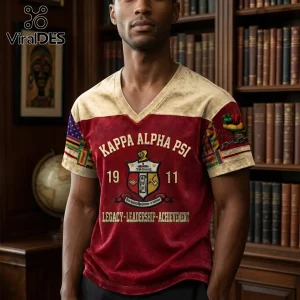 Kappa Alpha Psi v-neck t-shirt in velvet maroon and beige with fraternity crest, 1911 text, and African flag sleeve detail.!