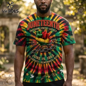 Juneteenth t-shirt with red, yellow, green tie-dye print, raised fist graphic, broken chains, and 1865 text detail.!