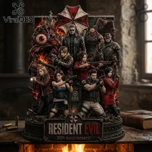 Resident Evil 30th anniversary resin statue featuring Leon Kennedy, Jill Valentine, and villains on an RPD base.!