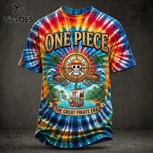One Piece tie-dye t-shirt with a pirate ship, treasure chests, and The Great Pirate Era text graphic on a circular motif.!