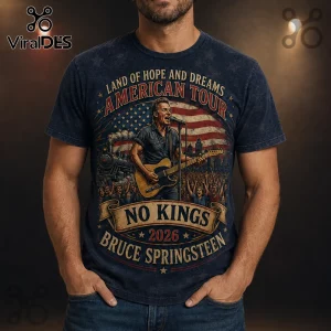 Navy blue t-shirt with Bruce Springsteen graphic, American flag, locomotive, and text Land of Hope and Dreams 2026 Tour.!
