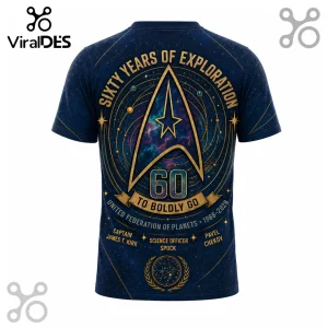 Star Trek 60th anniversary navy blue t-shirt with gold metallic Starfleet emblem, orbital rings, and character names.!