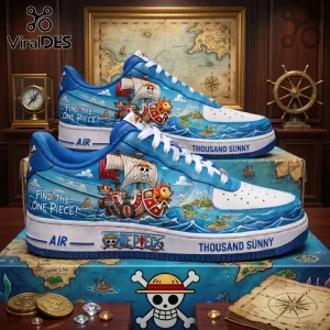 One Piece anime custom sneakers featuring Thousand Sunny ship graphics, blue nautical patterns, and text on white midsoles.!