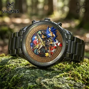 Sonic the Hedgehog 35th anniversary metallic watch with character art, bronze dial, and stainless steel link band on moss.!