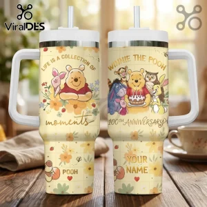 Winnie the Pooh 100th anniversary stainless steel tumbler with handle, straw, and floral grid pattern.!