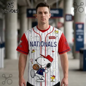 Washington Nationals baseball jersey featuring Snoopy holding a glove with red sleeves and blue pinstripes.!