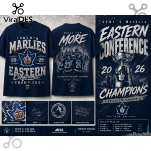 Navy blue Toronto Marlies 2026 Eastern Conference Champions t-shirt with hockey players, Calder Cup graphic, and AHL logos.!