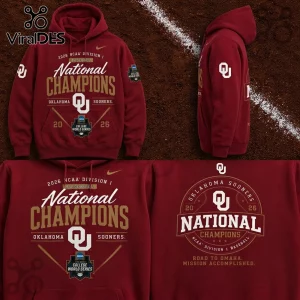Maroon Oklahoma Sooners 2026 baseball national champions hoodie with gold text and NCAA College World Series logos.!