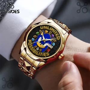 Gold-toned metal wristwatch featuring a blue Sonic the Hedgehog face with the text UNLIMITED POSSIBILITIES and gems.!