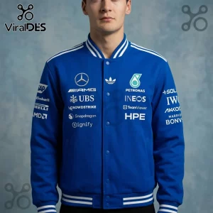 Blue Mercedes-AMG Petronas F1 bomber jacket with white sponsor logos, Adidas branding, and striped ribbed trim.!