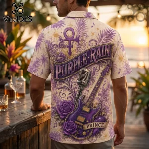 Man wearing a cream button-down shirt with Purple Rain graphics, a vintage microphone, purple roses, and Prince text.!