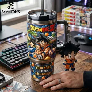 Dragon Ball Z stainless steel tumbler with straw featuring Goku, Vegeta, and Piccolo graphics plus custom name text.!