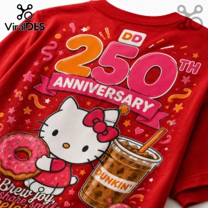 Red t-shirt featuring Hello Kitty holding a donut and an iced coffee with 250th Anniversary text in pink and orange.!