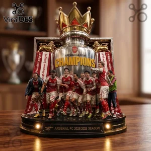 Arsenal FC Premier League Champions trophy display featuring miniature players on a light-up base labeled 2025/2026 season.!