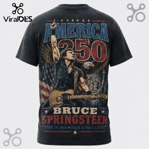 Black cotton t-shirt featuring Bruce Springsteen with a guitar, American flag, bald eagle, and Statue of Liberty design.!