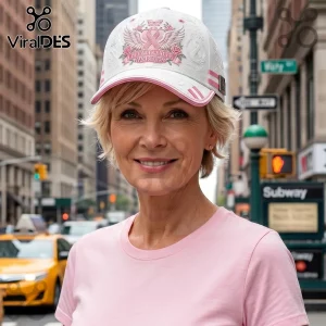 White baseball cap with pink Breast Cancer Awareness ribbon, wings, and rose embroidery worn by a blonde woman.!
