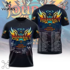 Journey Final Frontier Tour 2026 black graphic t-shirt with scarab beetle logo, tour dates, and band member signatures.!