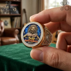 Gold Iron Maiden 50th anniversary championship ring featuring Eddie, blue enamel, and diamond accents.!