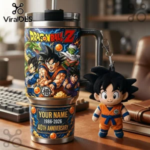 Dragon Ball Z stainless steel tumbler featuring Goku, Vegeta, Piccolo, and Shenron with custom name and anniversary text.!