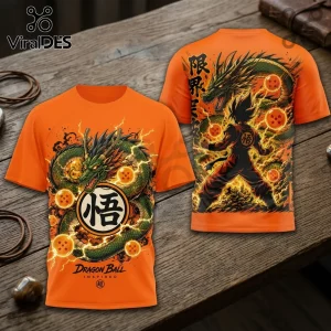 Orange graphic t-shirt featuring Shenron dragon, seven Dragon Balls, and Goku character art on front and back views.!