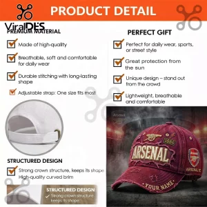 Maroon Arsenal FC baseball cap with distressed edges, gold embroidery, and adjustable metal strap back.!
