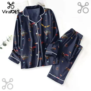 Navy blue button-down pajama set with Harry Potter pattern including Quidditch snitches, trunks, and broomsticks.!
