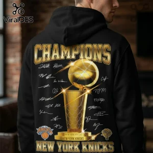 Black hoodie featuring gold text Champions and New York Knicks with a golden championship trophy and player autographs.!