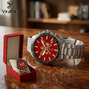 Stainless steel chronograph watch with red dial and gold accents on a wooden table next to a red velvet presentation box.!