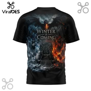 Black t-shirt featuring a Game of Thrones graphic with an Iron Throne, dragon, and the text Winter Is Coming.!