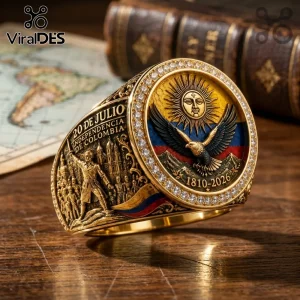 Gold Colombian Independence commemorative ring with a sun, eagle, and text reading 20 DE JULIO and 1810-2026.!