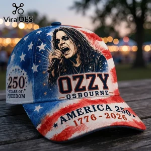 Ozzy Osbourne baseball cap with red, white, and blue American flag pattern, featuring 250 Years of Freedom text.!