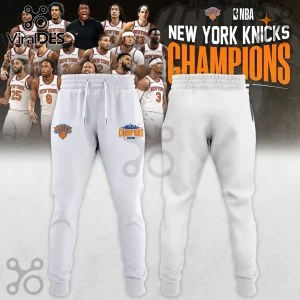 White New York Knicks joggers featuring team logo and 2026 Champions graphic text, front and back view.!