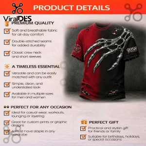 Distressed black and red ombre t-shirt featuring a metallic 3D skeleton hand graphic and RUSH text.!