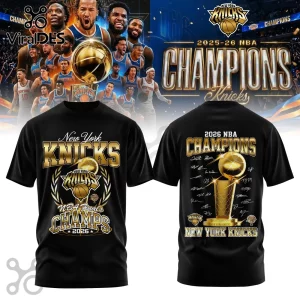 Black New York Knicks 2026 NBA Champions t-shirt with gold Larry O'Brien trophy graphics and team logos.!