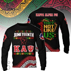 Black long-sleeve sweatshirt with Juneteenth and Kappa Alpha Psi graphics in red, yellow, green, and white colors.!