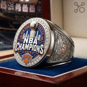 New York Knicks 2026 NBA championship ring with silver band, diamond accents, blue enamel, and Larry O'Brien trophy icon.!