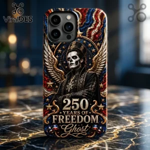 Ghost band iPhone case featuring Papa Emeritus, red white and blue patriotic background, and 250 Years of Freedom text.!