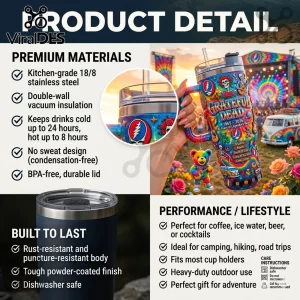 Grateful Dead stainless steel tumbler with colorful dancing bears, logo, and concert festival background graphics.!
