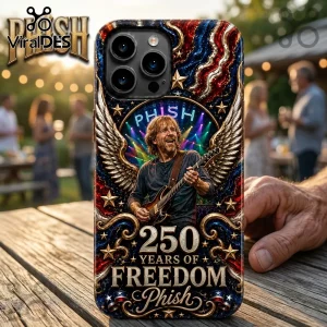 Phish band phone case featuring Trey Anastasio playing guitar, golden wings, American flag patterns, and 250 Years of Freedom.!