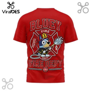 Red graphic t-shirt featuring Bluey as a firefighter with the text BLUEY FIRE DEPT and a fire department emblem.!