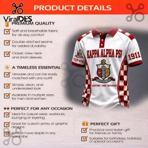 Kappa Alpha Psi polo shirt in white and crimson with checkered sleeves, crest logo, and 1911 text on a light background.!