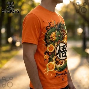 Orange cotton t-shirt featuring green Shenron dragon, four-star dragon balls, and Japanese Go kanji character graphic.!