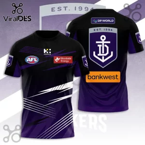 Fremantle Dockers AFL jersey in black and purple with team anchor crest, AFL logo, and sponsor patches on polyester fabric.!