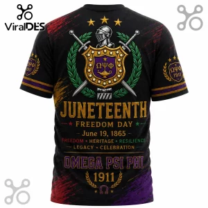 Black T-shirt with Omega Psi Phi crest, swords, and knight helmet design with gold text reading Juneteenth and 1911.!